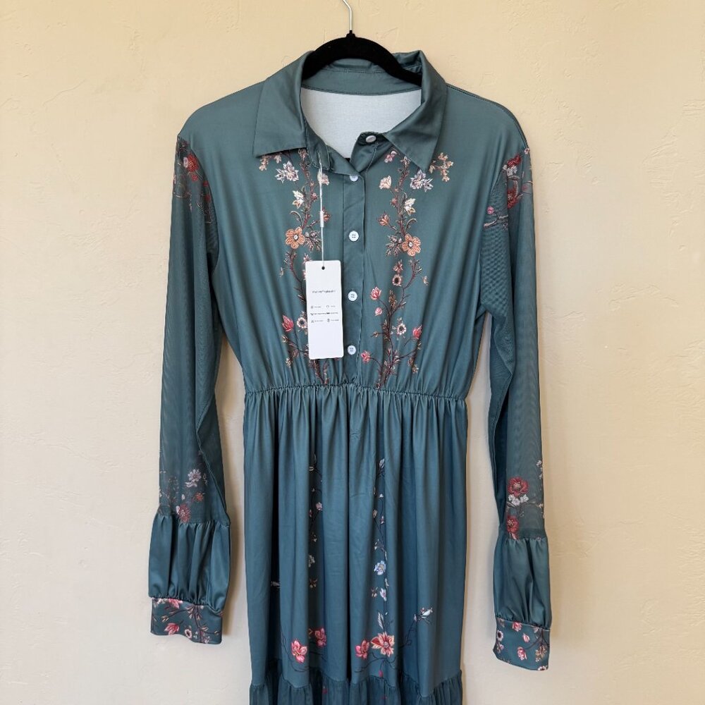 Dark Teal Floral Maxi Dress Size Large Long Sleeve Cottagecore Boho Romantic Dre - Picture 3 of 4